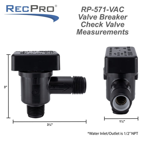 RV Vacuum Breaker Check Valve Protects Fresh Water from Pollutants and Backflow in Your RV Water System, front and side view