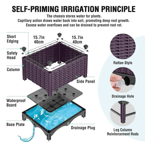Diagram of Sturdy Raised Garden Bed With Reinforcement Rods, Elevated Planter Box with Drainage Holes, showcasing design features.