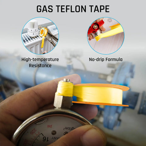 Hand holding Yellow Gas Teflon Tape For Pipe Threads, 260 Inch Length, One Half Inch Width, Propane And Natural Gas Sealant