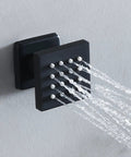 Top Shelf Ceiling Mount Rain Shower Kit With Bright LED Temp Display And Swift Handheld Switch Featuring Polished Body Jets Brushed Gold Thermostatic Valve Solid Build Bath Upgrade - close-up of sleek black body jet with angled water flow.