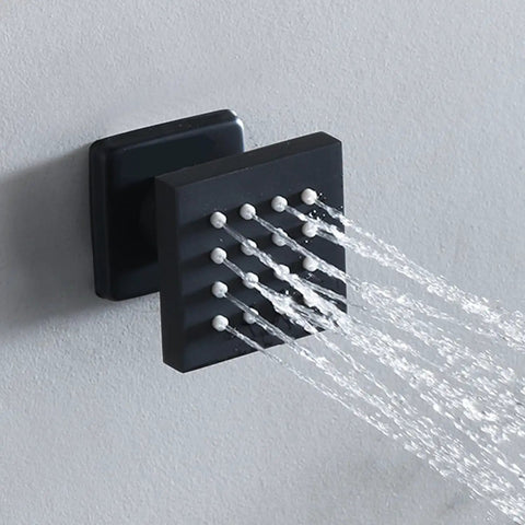 Top Shelf Ceiling Mount Rain Shower Kit With Bright LED Temp Display And Swift Handheld Switch Featuring Polished Body Jets Brushed Gold Thermostatic Valve Solid Build Bath Upgrade - close-up of sleek black body jet with angled water flow.