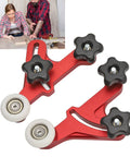 Built Tough Adjustable Table Saw Stock Guide With Slick Rolling Aluminum Bearing Wheels For Reliable Woodworking Feed Support Tight Precision And Zero Wiggle Shop Performance, red and black dual rolling supports with white wheels.