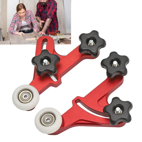Built Tough Adjustable Table Saw Stock Guide With Slick Rolling Aluminum Bearing Wheels For Reliable Woodworking Feed Support Tight Precision And Zero Wiggle Shop Performance, red and black dual rolling supports with white wheels.