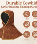 Cowhide Leather Welding Hood With Shoulder Cape Kevlar Reinforced Full Head Coverage Brown OSHA Compliant Durable Protective Helmet