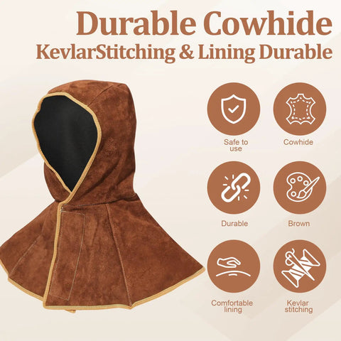Cowhide Leather Welding Hood With Shoulder Cape Kevlar Reinforced Full Head Coverage Brown OSHA Compliant Durable Protective Helmet