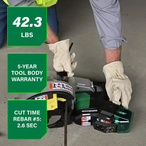 Using the Badass Cordless Rebar Bender and Cutter, a builder cuts rebar, showcasing efficiency and brushless motor power.