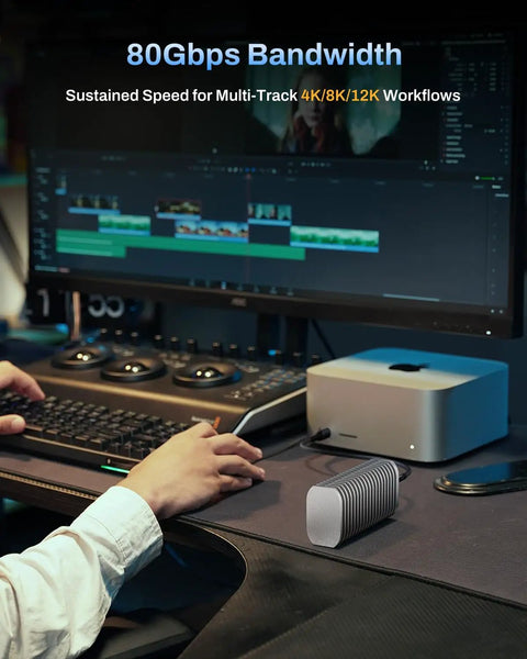 Badass 80Gbps M.2 Nvme Ssd Enclosure seen during 4K editing, placed on desk with keyboard and editing equipment.