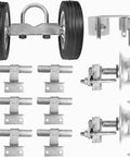 Heavy Duty Galvanized Steel Rolling Gate Hardware Kit With Slick 6 Inch Double Track Wheels And Six Wall Mount Brackets Plus Solid Rolo Latch For Chain Link Sliding Gates Engineered For Badass Durability And Easy Setup All Year Round. Components include coated wheels and metal brackets.