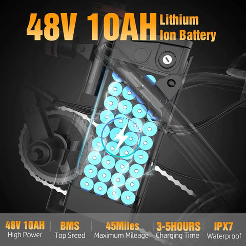 Foldable Electric Bike For Adults And Teens With 1200W Peak Motor showing 48V 10Ah lithium battery with pedal assist range details