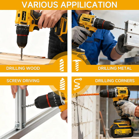 Various applications of Cordless 20V Drill Kit With 2 Speed Settings, 30 Nm Torque, Three Eighths Inch Keyless Chuck, Dual 3Ah Batteries