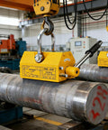 Kickass Heavy Duty Permanent Lifting Magnet With 11000 Lbs Capacity lifting steel pipe in workshop setting, showcasing its robust design.