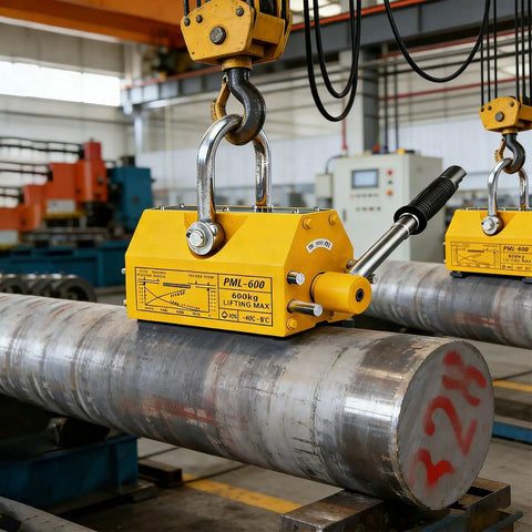 Kickass Heavy Duty Permanent Lifting Magnet With 11000 Lbs Capacity lifting steel pipe in workshop setting, showcasing its robust design.