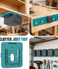 Collage of 20V Battery Mount Holder Wall Mount Hanger for DCB200 DCB201 DCB202 DCB203 DCB204 Batteries, 5 Pack With 10 Screws in workshop settings.
