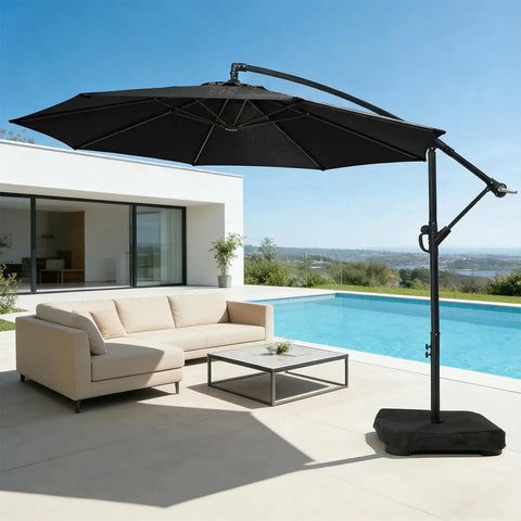 10 Foot Patio Cantilever Umbrella With Sandbag Base Included, Offset Outdoor Shade for Backyard, Garden and Pool, in Black
