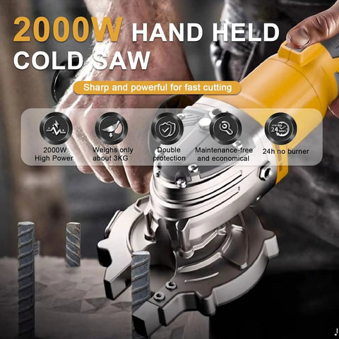 Vdniduir Handheld Steel Bar Cutter Rebar Cold Cutting Saw Portable 2000W Brushless Motor cutting through metal rebar.