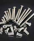 Phillips Countersunk M6 Screws Set 20, 30, 40, 50, 60, 70, 80mm Assorted Bolts Dowel Barrel Nuts Hardware Kit on black background