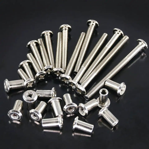 Phillips Countersunk M6 Screws Set 20, 30, 40, 50, 60, 70, 80mm Assorted Bolts Dowel Barrel Nuts Hardware Kit on black background