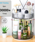 360 Degree Rotating Makeup Organizer With 2 Tier Lazy Susan Vanity Countertop Organizer For Skincare Haircare Perfume And Beauty Essentials In Classic Grey displayed with beauty products.