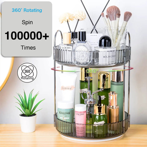 360 Degree Rotating Makeup Organizer With 2 Tier Lazy Susan Vanity Countertop Organizer For Skincare Haircare Perfume And Beauty Essentials In Classic Grey displayed with beauty products.