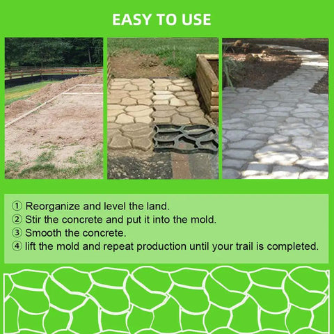 Steps showing how to use Oversized Reusable Concrete Path Molds For DIY Garden Walkways And Pavers, with progress images.