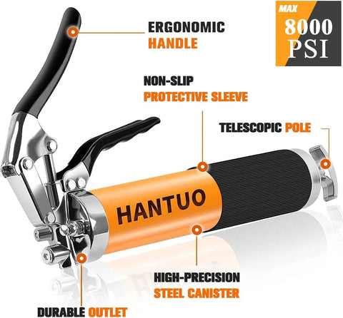 HANTUO grease gun with orange body, black ergonomic handle, and chrome fittings
