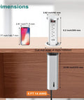 Dimensions of Pop Up Power Outlet With Wireless Charging Station, Hidden Countertop Outlet For Kitchen Island And Desk, shown on wooden surface