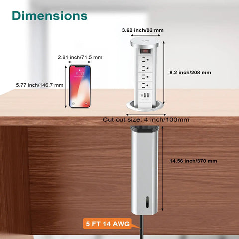 Dimensions of Pop Up Power Outlet With Wireless Charging Station, Hidden Countertop Outlet For Kitchen Island And Desk, shown on wooden surface