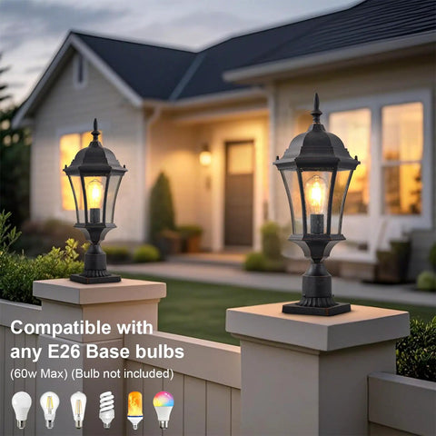 Cast Aluminum Outdoor Post Light 24 Inch With 3 Inch Pier Mount Bronze Exterior Seeded Glass Six Sided Lanterns in garden path setting