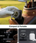 Magnetic Golf Cart Phone Holder With 28 Strong Magnets, in use on a golf bag, compact and portable display with dimensions shown.