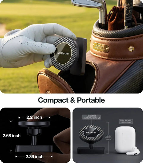 Magnetic Golf Cart Phone Holder With 28 Strong Magnets, in use on a golf bag, compact and portable display with dimensions shown.