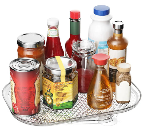 360 Degree Lazy Susan Refrigerator Organizer with non-slip base holding jars and bottles, fits 14.17 by 10.24 inch