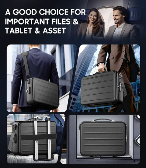 Hard Shell Fireproof Document Box With Lock For Home And Travel, shown in different carrying styles and storage positions.