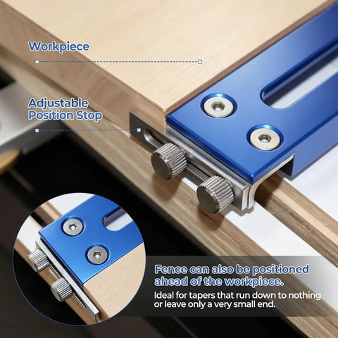 Top Tier Taper And Straight Line Jig For Table Saws With 37 Inch Miter Bar Steel Fence and adjustable position stop for accurate cuts.