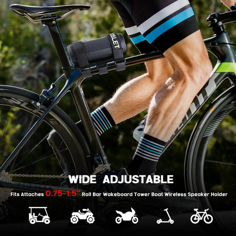 Heavy Duty Portable Speaker Mount With Adjustable Straps For Golf Cart Atv Motorcycle And Bike attached to bicycle frame.