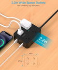 Slick Flat Power Strip Surge Protector With Eight Wide Outlets And Four Fast Charge Usb Ports For Gaming Rig Home Office Boss Level Protection Heavy Duty Five Foot Extension Cord with 2.2in wide space outlets.
