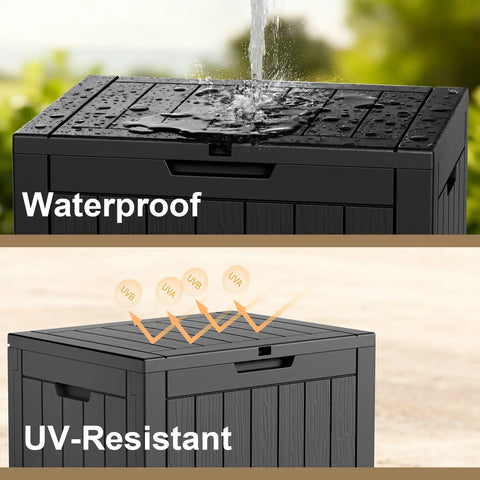 Top view of waterproof and UV-resistant 30 gallon outdoor deck box lockable waterproof storage container for patio cushions garden tools and pool accessories weatherproof resin black backyard friendly all in one storage for cushions tools and pool gear dry and neat.