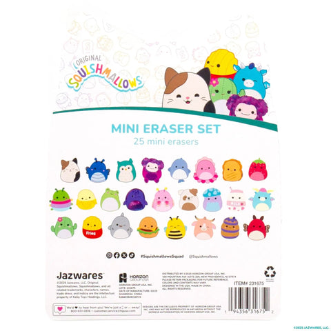 Back view packaging of 25 Piece Mini Eraser Set With Cute Cartoon Characters Like Banana Cactus Frog And More Awesome For School Supplies Journals Notebooks Sketch Pads Party Favors And Desk Organization For Kids And Teens.