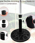 Six Piece Umbrella Base Replacement Parts Kit Includes Two 1.85 Inch Ring Plugs And Two 2 Inch Ring Plugs Plus M8 Thread Hand Knobs For Outdoor Patio Decks Backyards And Tables Black Must Have, shown with components and base