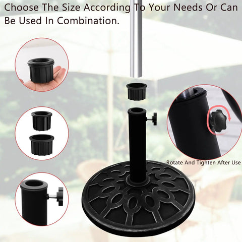 Six Piece Umbrella Base Replacement Parts Kit Includes Two 1.85 Inch Ring Plugs And Two 2 Inch Ring Plugs Plus M8 Thread Hand Knobs For Outdoor Patio Decks Backyards And Tables Black Must Have, shown with components and base