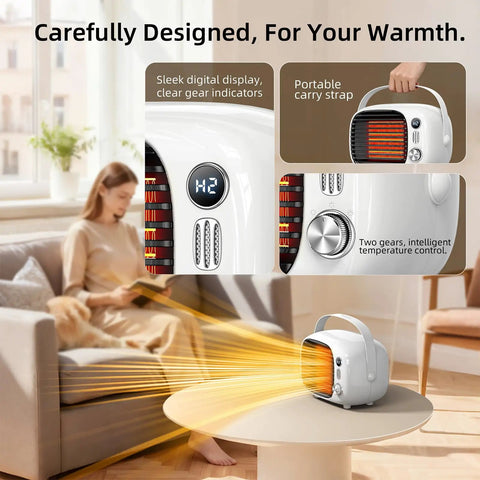 Two Speed Portable Space Heater With Adjustable Settings, 800W Desk Heater For Indoor Use on table, digital display close-up