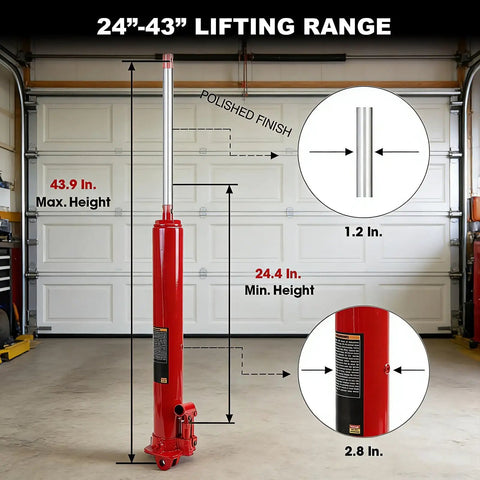 3 Ton Hydraulic Long Ram Jack With Clevis Base And Handle For Garage And Shop Lifts 6000 Pound Capacity Long Reach From About 24 To 43 Inches Heavy Duty Steel Frame With Chrome Cylinder Glide Action Pump Fits Engine Hoists And Cranes, detailed lifting range diagram