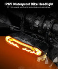 Smart Bike Turn Signals With Slick Rechargeable Front Light And Loud Horn, waterproof black device on bike handlebar