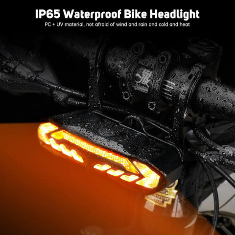 Smart Bike Turn Signals With Slick Rechargeable Front Light And Loud Horn, waterproof black device on bike handlebar