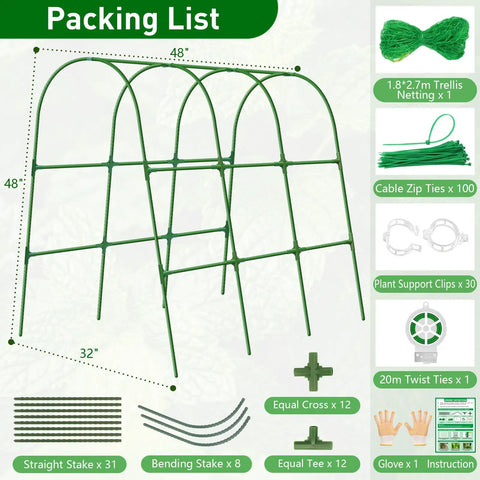 Heavy Duty 48x48 Inch U Shape Metal Garden Trellis For Raised Beds, packing components including stakes, ties, and clips.