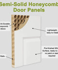 Semi-solid honeycomb door panels, 35mm rigid core, pre-finished white surface, easy to install, lightweight with rails visible.