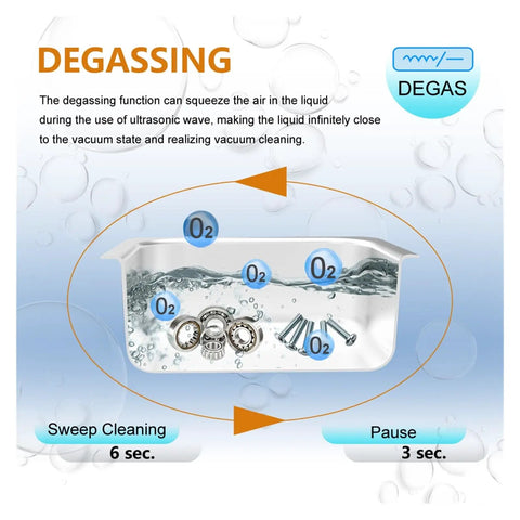 Powerful 360W Ultrasonic Cleaner With 10 Liter Tank And 40Khz High Frequency Vibrations showing degassing mode in action.