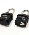 Four High Security Pro Series Padlocks Keyed Alike With Eight Keys BumpStop Technology, close-up showing lock and key slot.