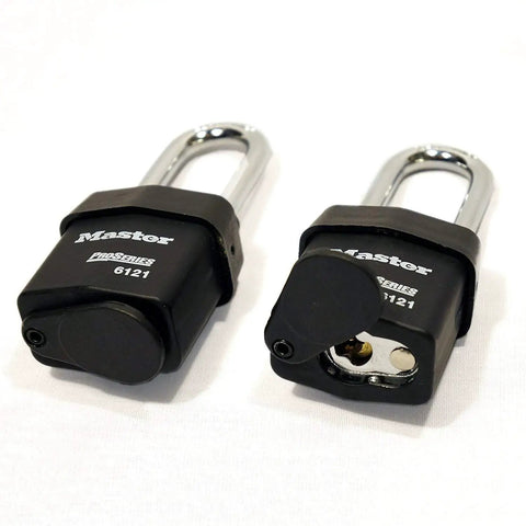 Four High Security Pro Series Padlocks Keyed Alike With Eight Keys BumpStop Technology, close-up showing lock and key slot.