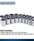 Nine metric and SAE sockets from Forty Piece Three Eighths Inch Drive Two Way Quick Swivel T Handle Wrench Set With Sockets Hex Bits Adapters And T Bar Wrench Built For DIYers And Weekend Warriors In The Home Garage And Shop on display.