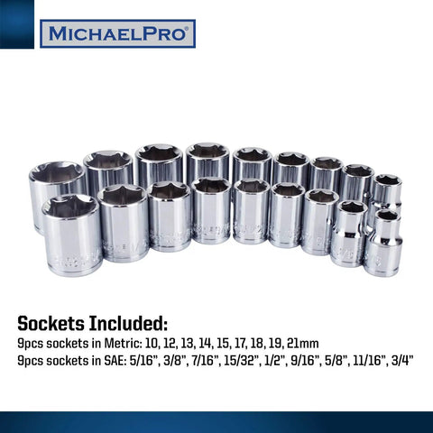 Nine metric and SAE sockets from Forty Piece Three Eighths Inch Drive Two Way Quick Swivel T Handle Wrench Set With Sockets Hex Bits Adapters And T Bar Wrench Built For DIYers And Weekend Warriors In The Home Garage And Shop on display.
